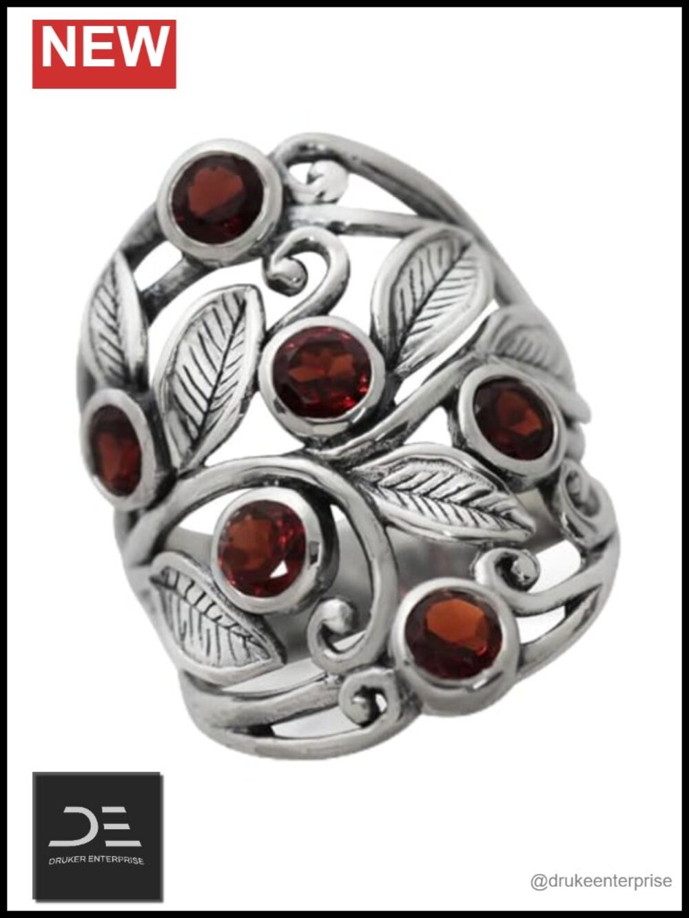 Sterling Silver Filigree Leaf Garnet Ring - Size 8